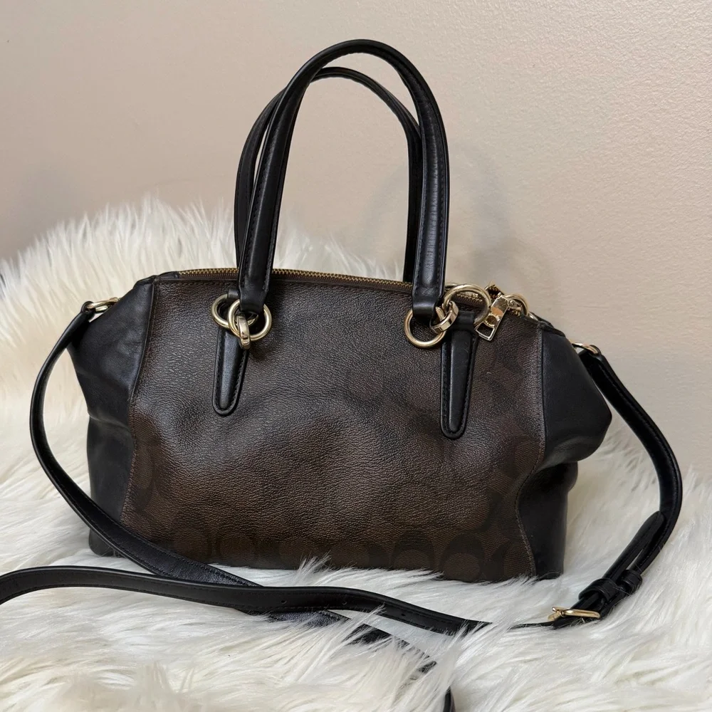 COACH Brown and Black Signature Satchel with Gold Hardware#F58290 - Picture 3 of 12